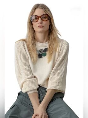 Lillia P. Pointelle Sleeve Crewneck Sweater in Cream size M